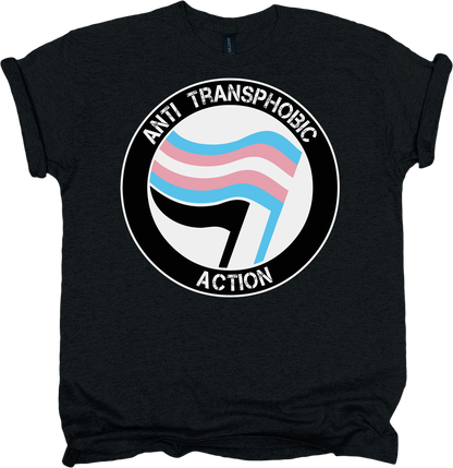 Black t-shirt with anti-transphobic action design featuring a trans pride flag.