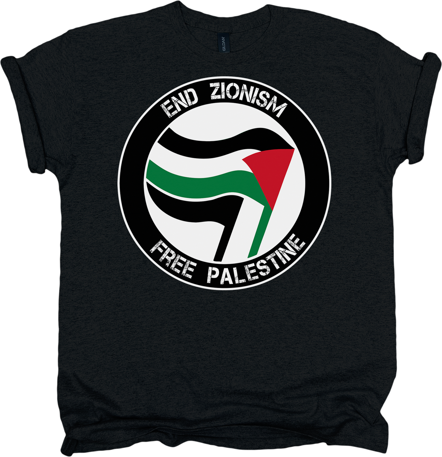 Black t-shirt with a circular design featuring the Palestinian flag and text 'End Zionism Free Palestine' on a white background.