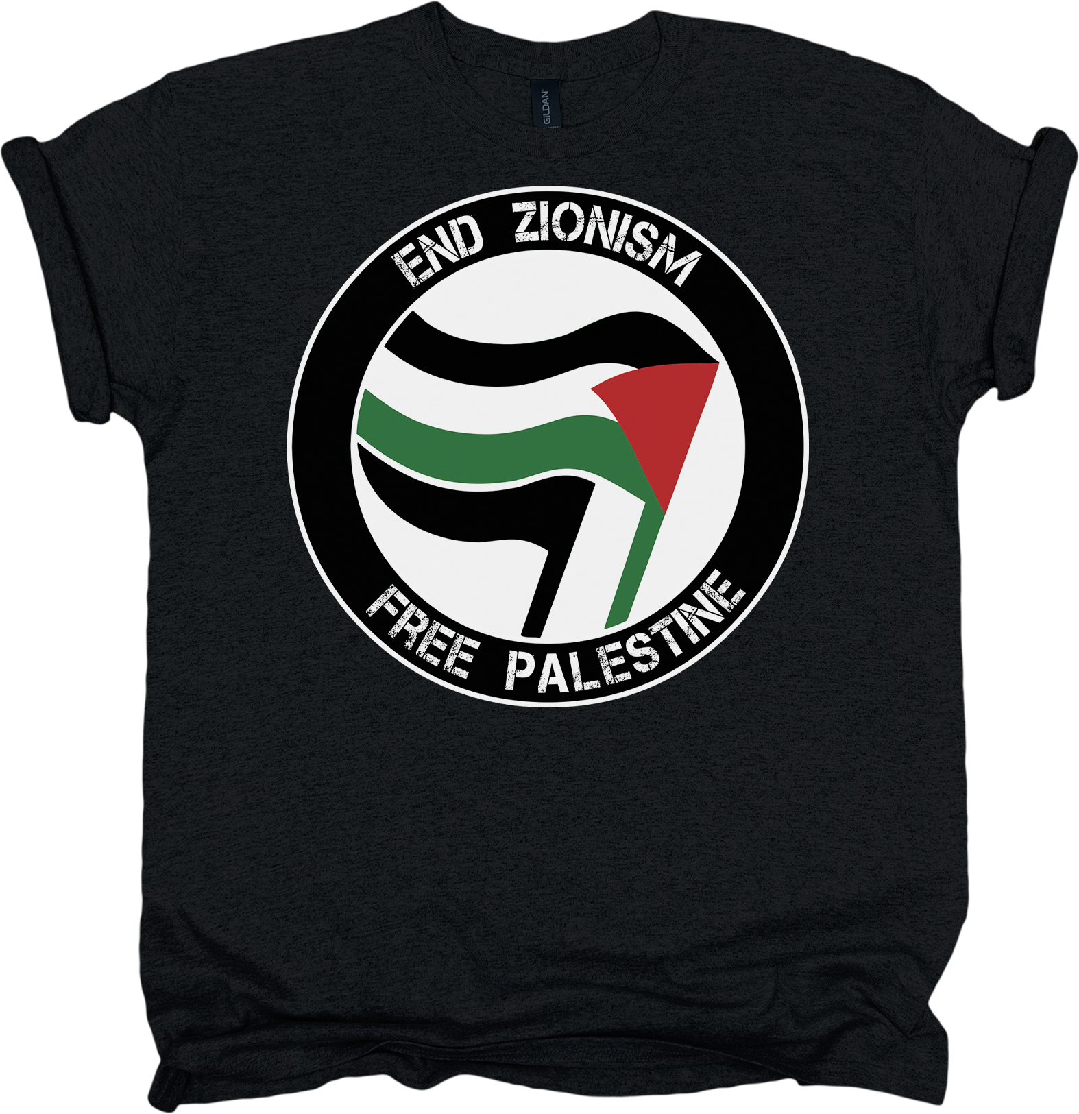 Black t-shirt with a circular design featuring the Palestinian flag and text 'End Zionism Free Palestine' on a white background.