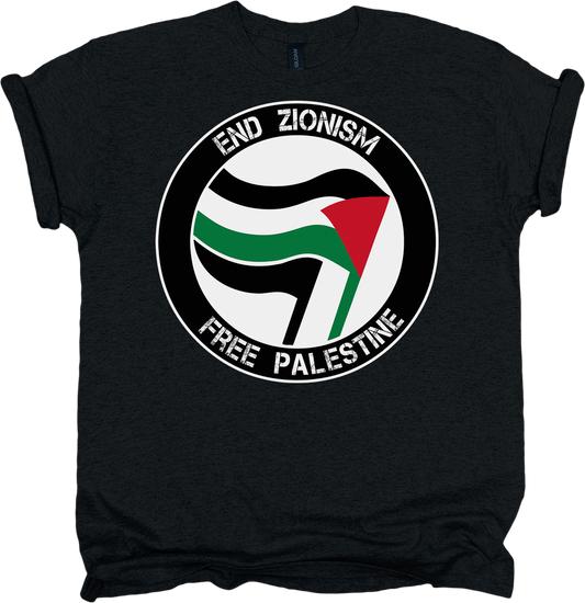 Black t-shirt with a circular design featuring the Palestinian flag and text 'End Zionism Free Palestine' on a white background.