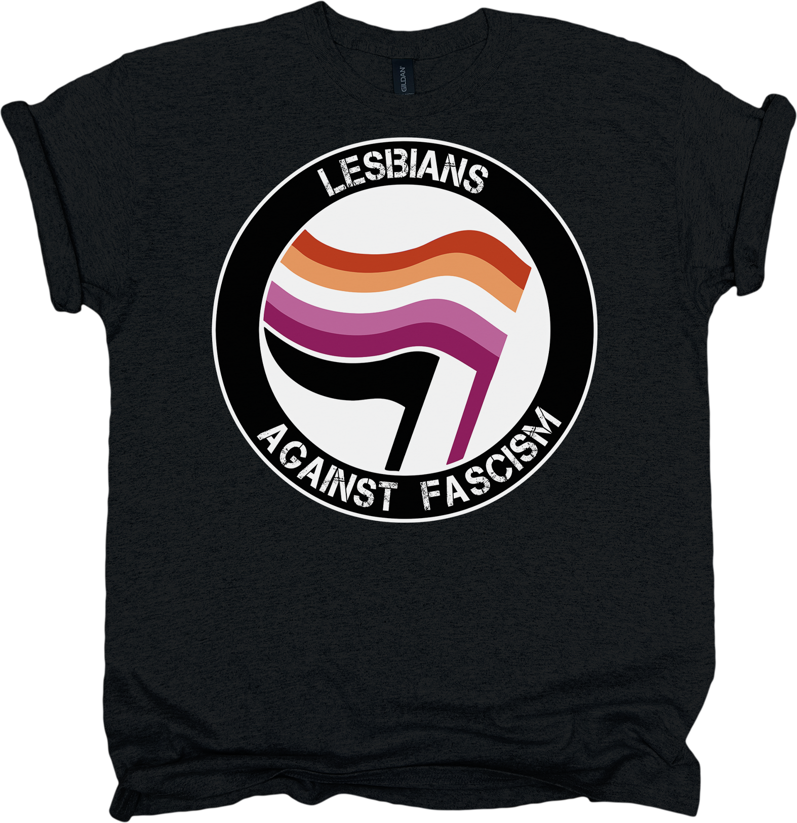 Black t-shirt with a lesbian pride flag and text 'Lesbians Against Fascism' on a white background