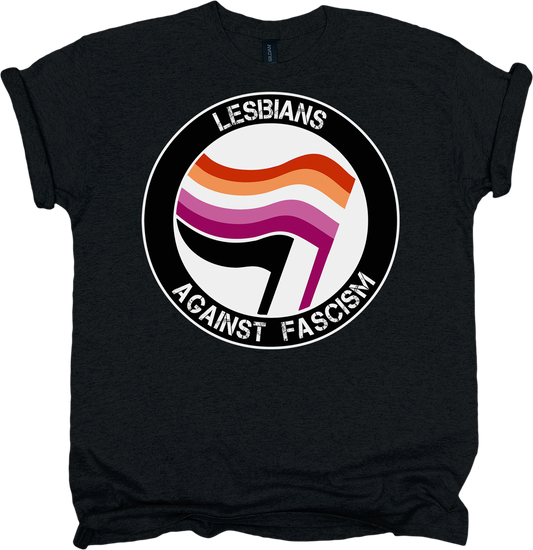 Black t-shirt with a lesbian pride flag and text 'Lesbians Against Fascism' on a white background