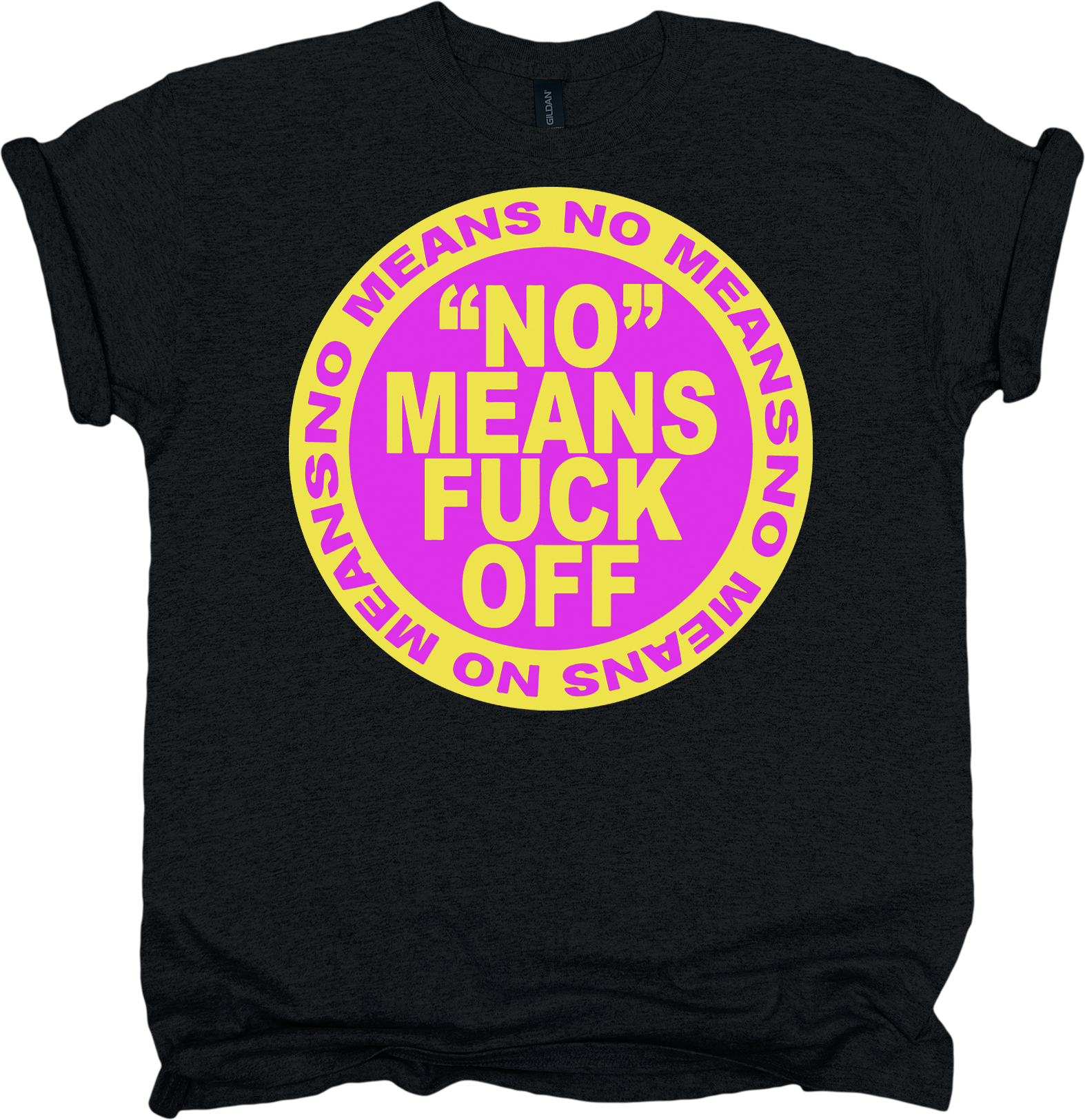 Black t-shirt with a pink and yellow graphic and text