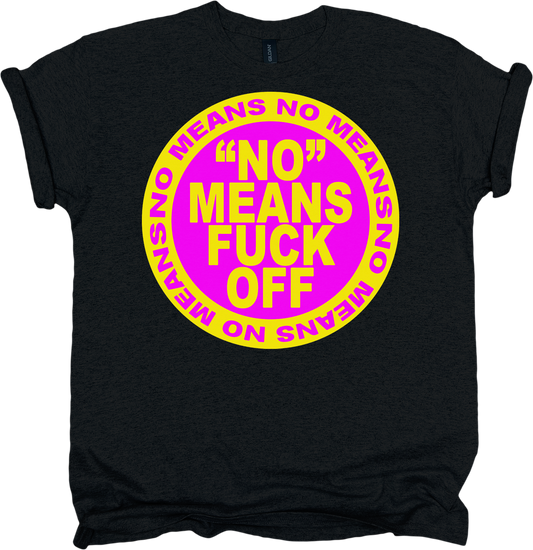 Black t-shirt with a pink and yellow graphic and text