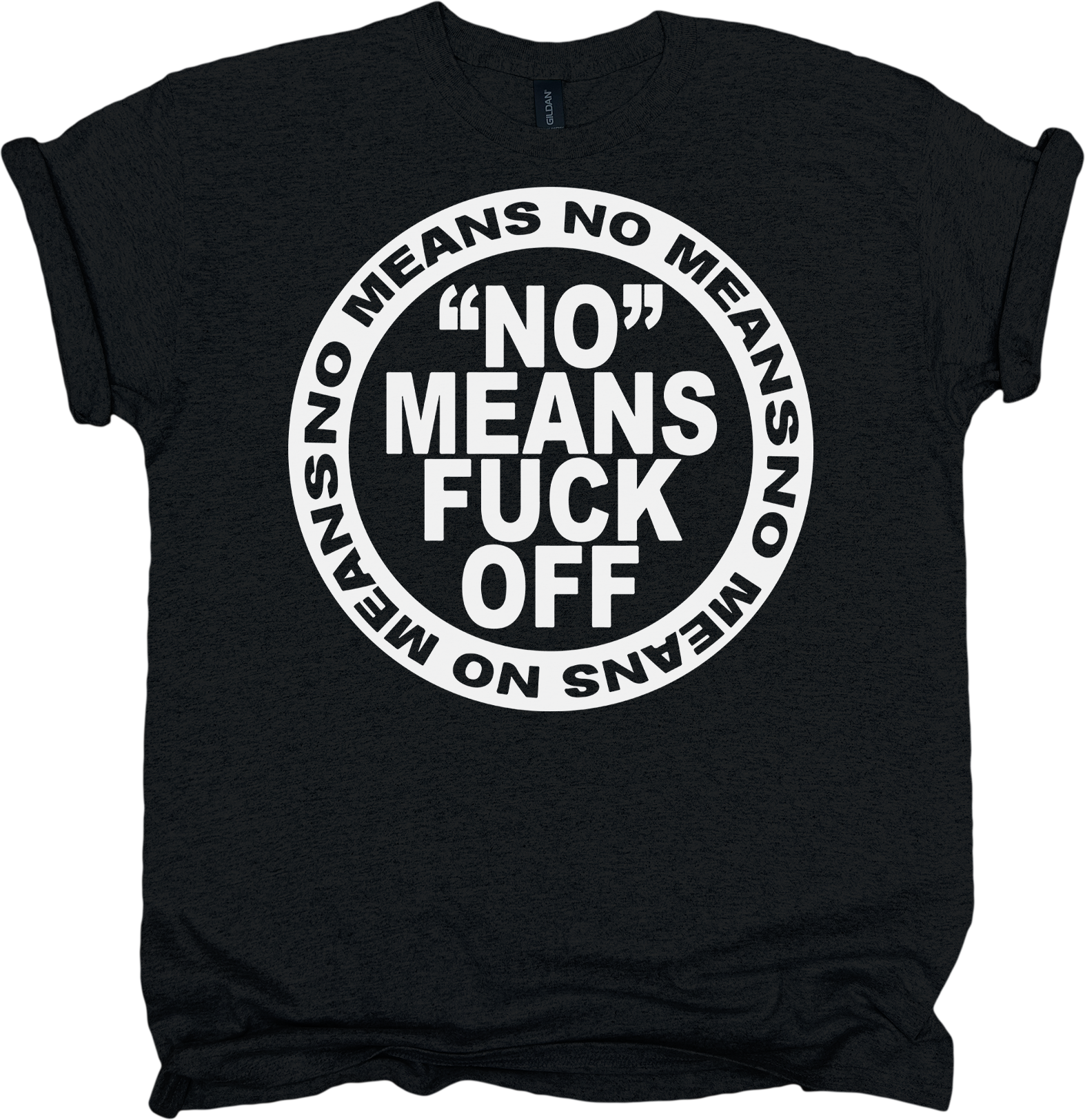 Black t-shirt with white circle design and black/white text