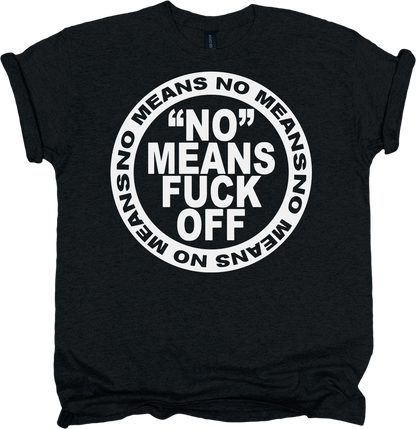 Black t-shirt with white circle design and black/white text