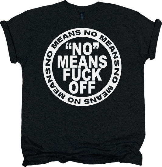 Black t-shirt with white circle design and black/white text