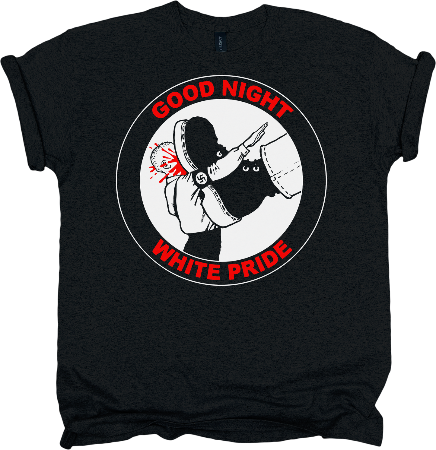 Black t-shirt with graphic design and text 'Good Night White Pride' in red 