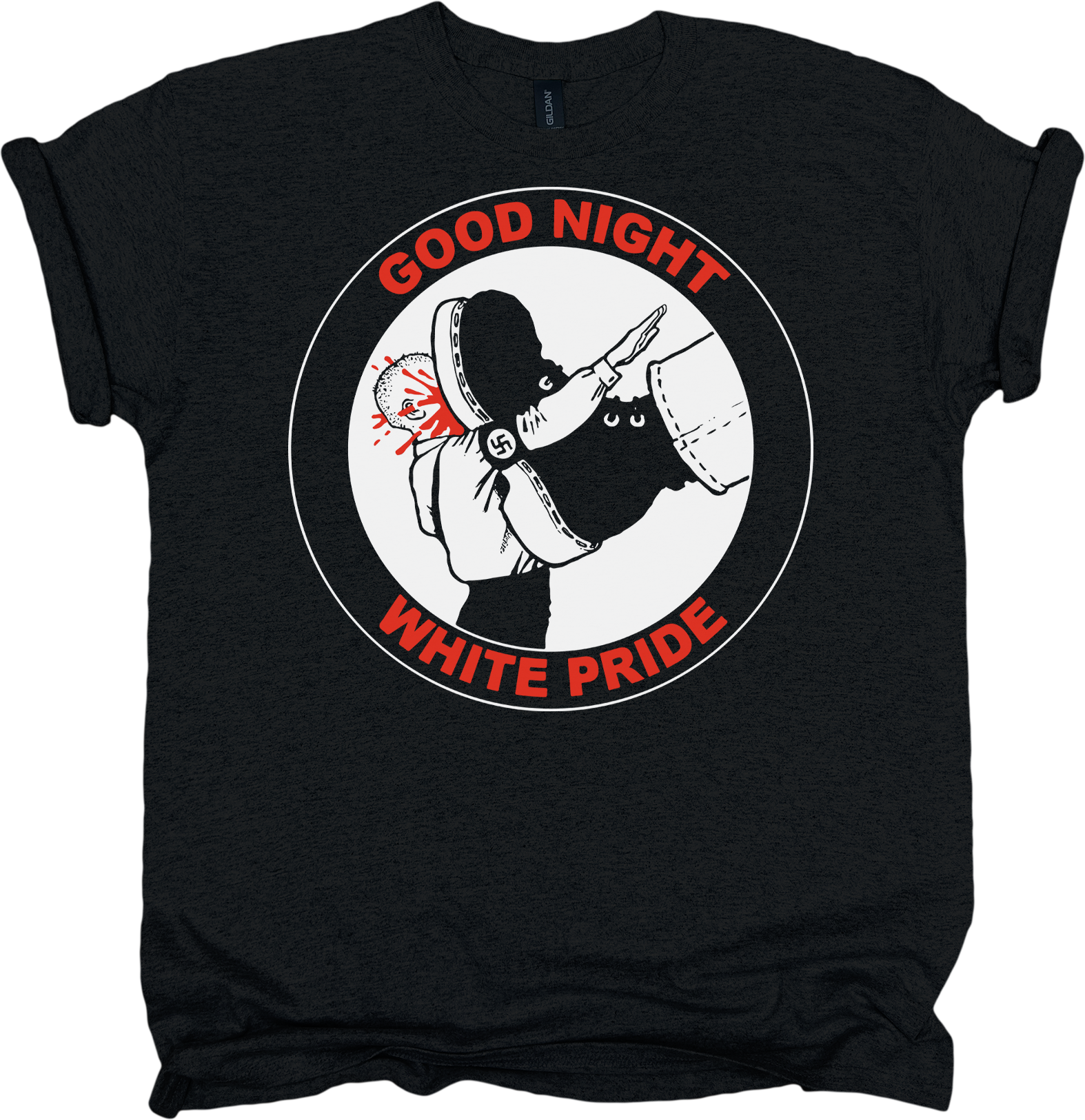 Black t-shirt with graphic design and text 'Good Night White Pride' in red 