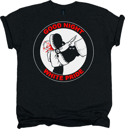 Black t-shirt with graphic design and text 'Good Night White Pride' in red 
