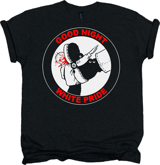 Black t-shirt with graphic design and text 'Good Night White Pride' in red 