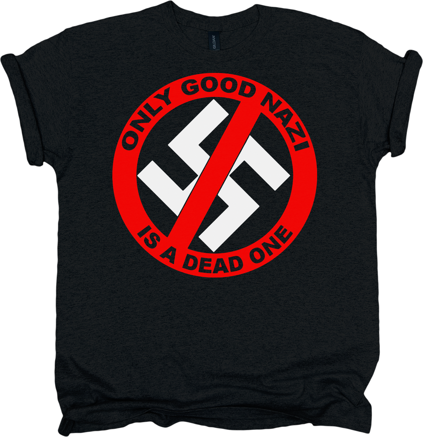Black t-shirt with a red and white graphic design featuring a crossed out swastika and black text