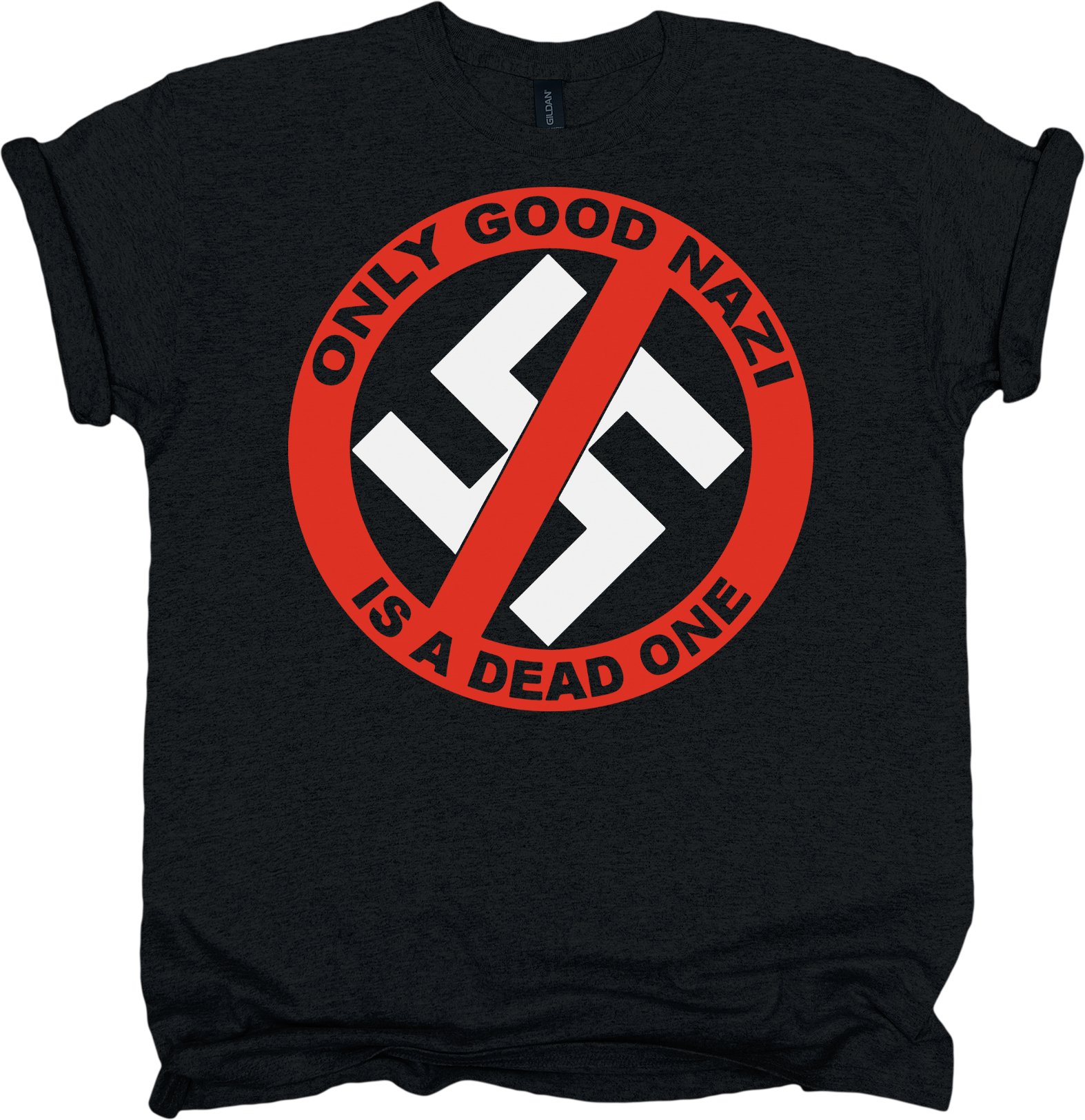 Black t-shirt with a red and white graphic design featuring a crossed out swastika and black text