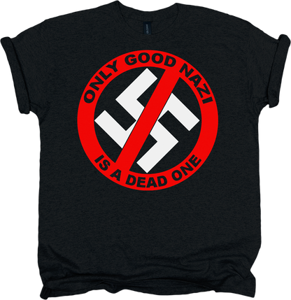 Black t-shirt with a red and white graphic design featuring a crossed out swastika and black text