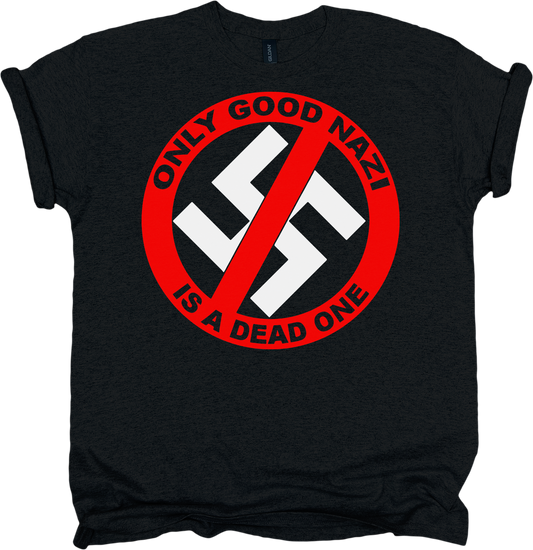 Black t-shirt with a red and white graphic design featuring a crossed out swastika and black text