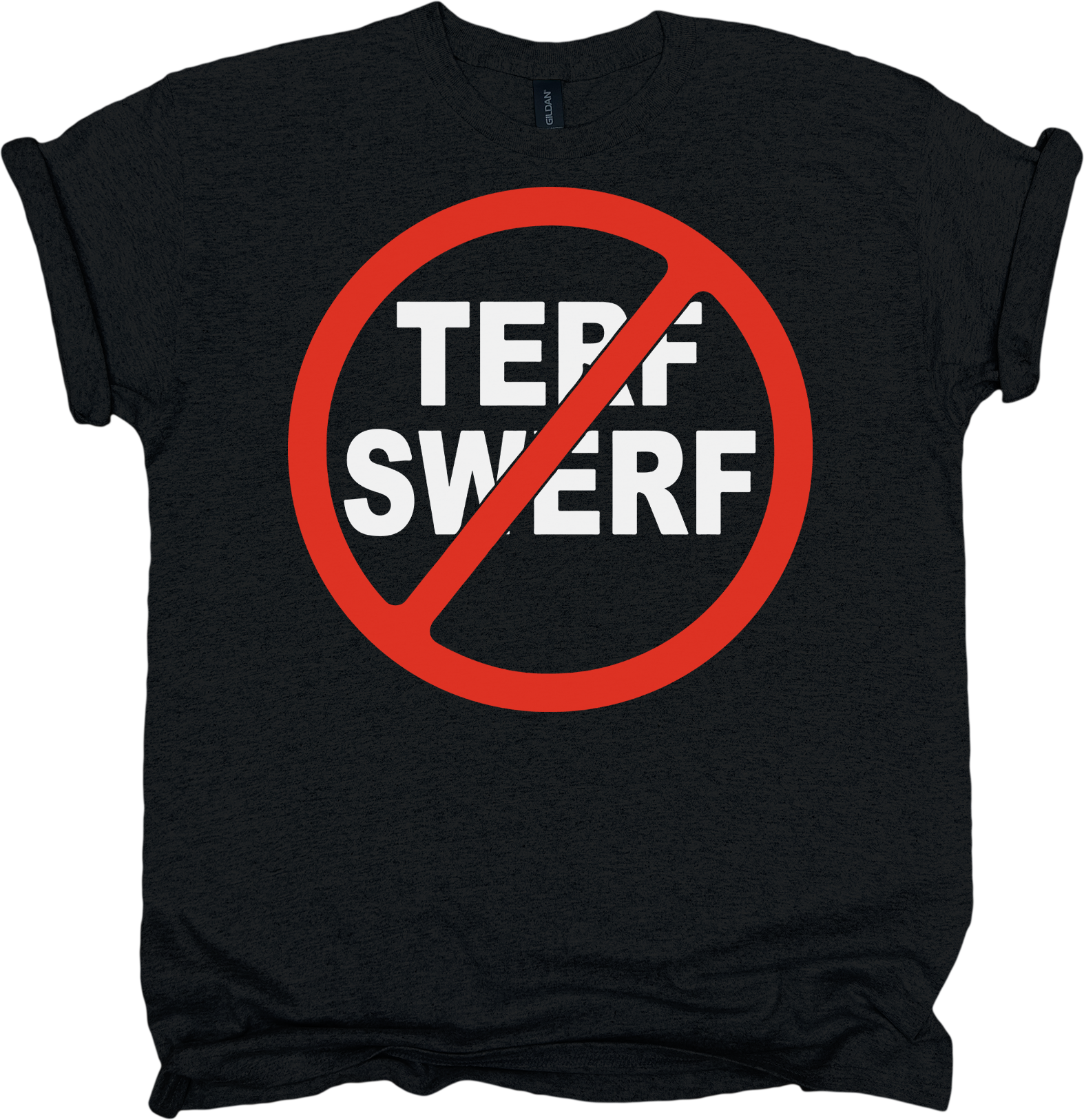 Black t-shirt with 'TERF SWERF' design featuring a red circle and line through it.