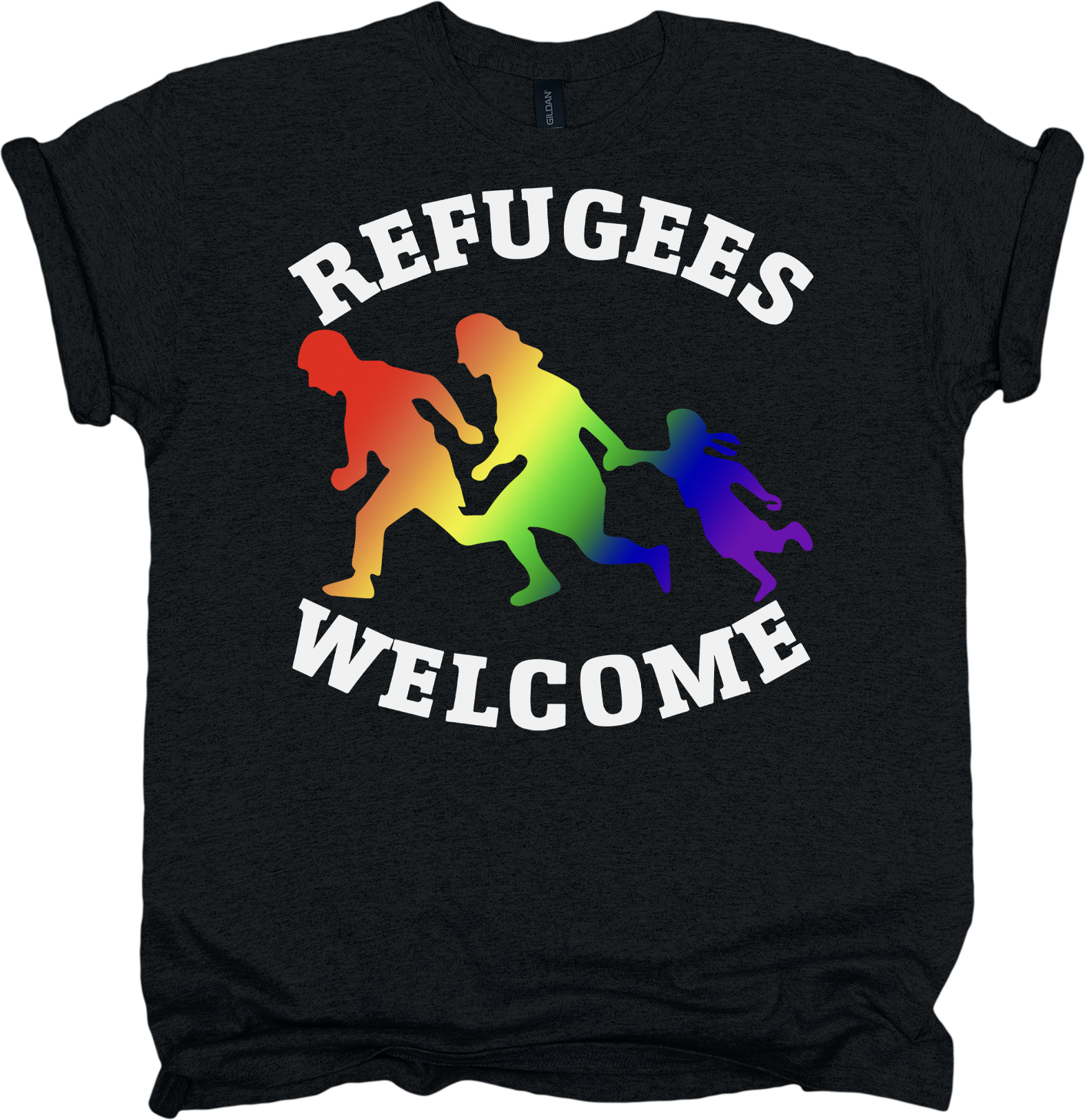 Black t-shirt with 'REFUGEES WELCOME' text and rainbow-colored silhouettes design