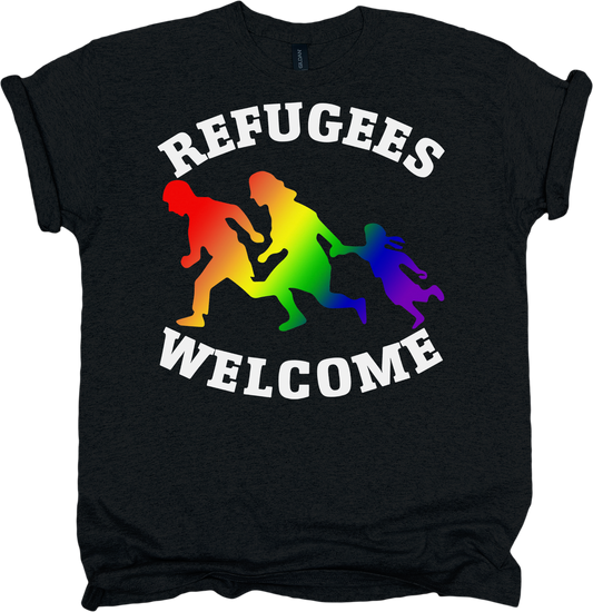 Black t-shirt with 'REFUGEES WELCOME' text and rainbow-colored silhouettes design