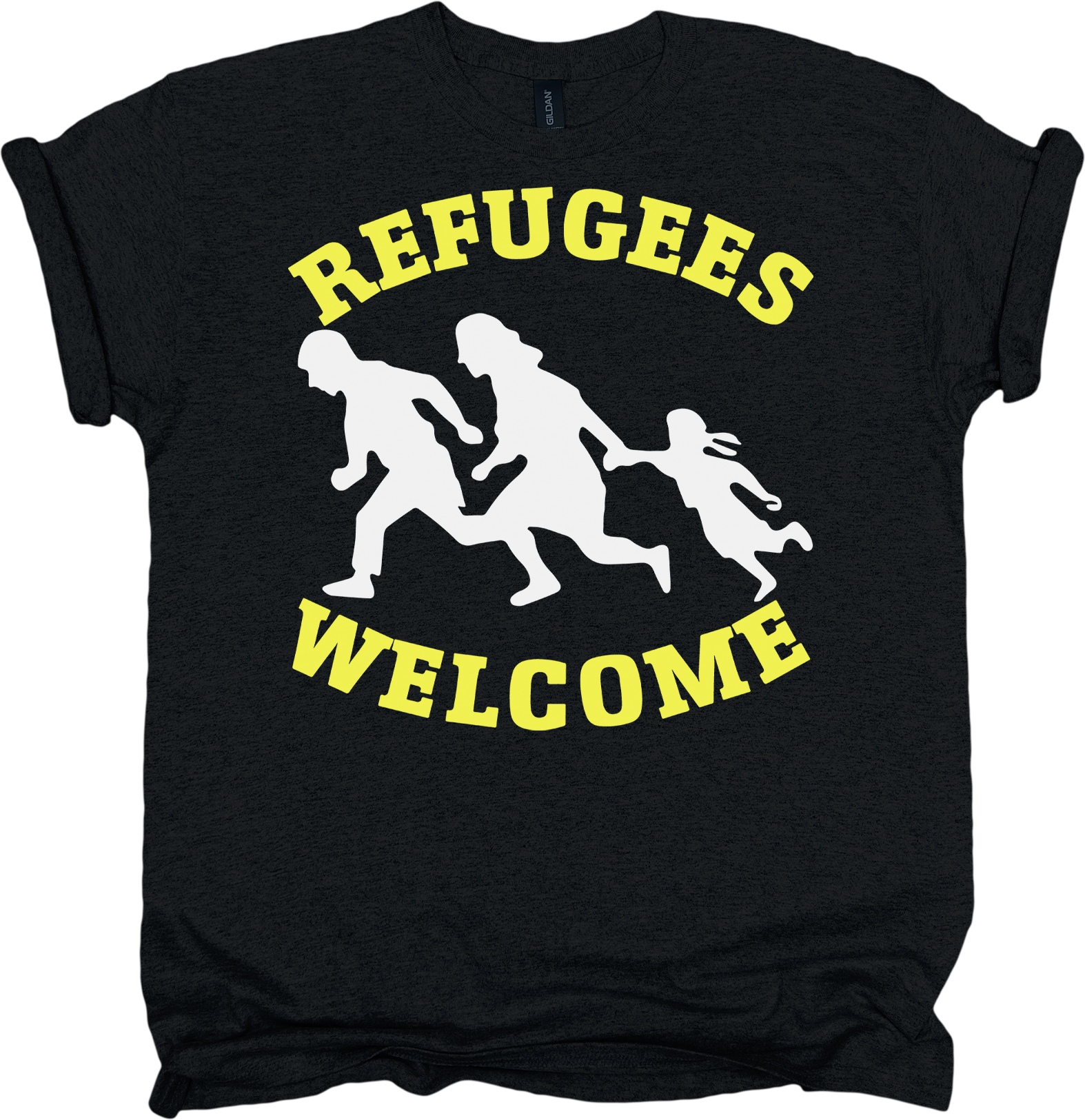 Black t-shirt with yellow 'REFUGEES WELCOME' text and silhouettes of people in white