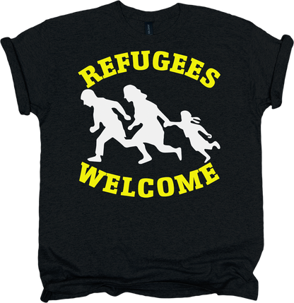 Black t-shirt with yellow 'REFUGEES WELCOME' text and silhouettes of people in white