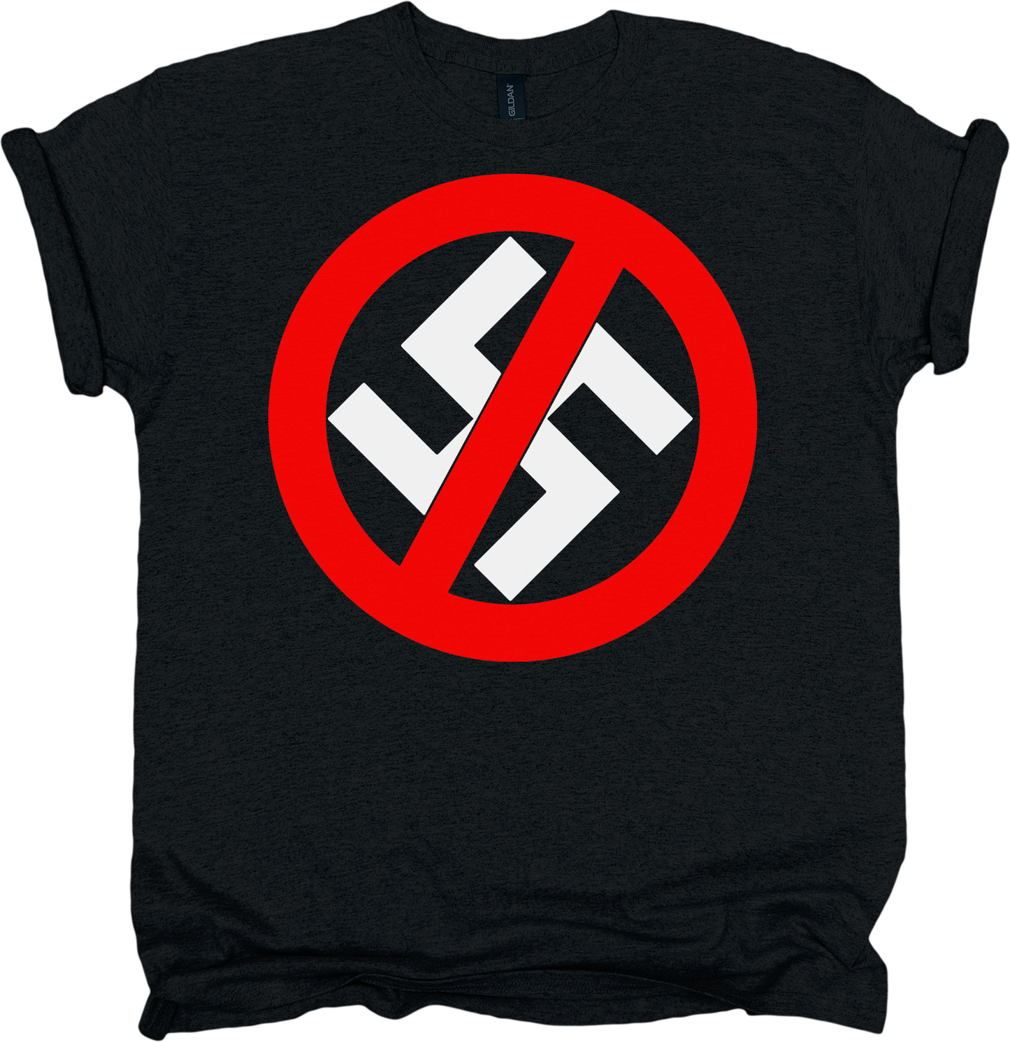 Black t-shirt with a design featuring a crossed out swastika symbol 