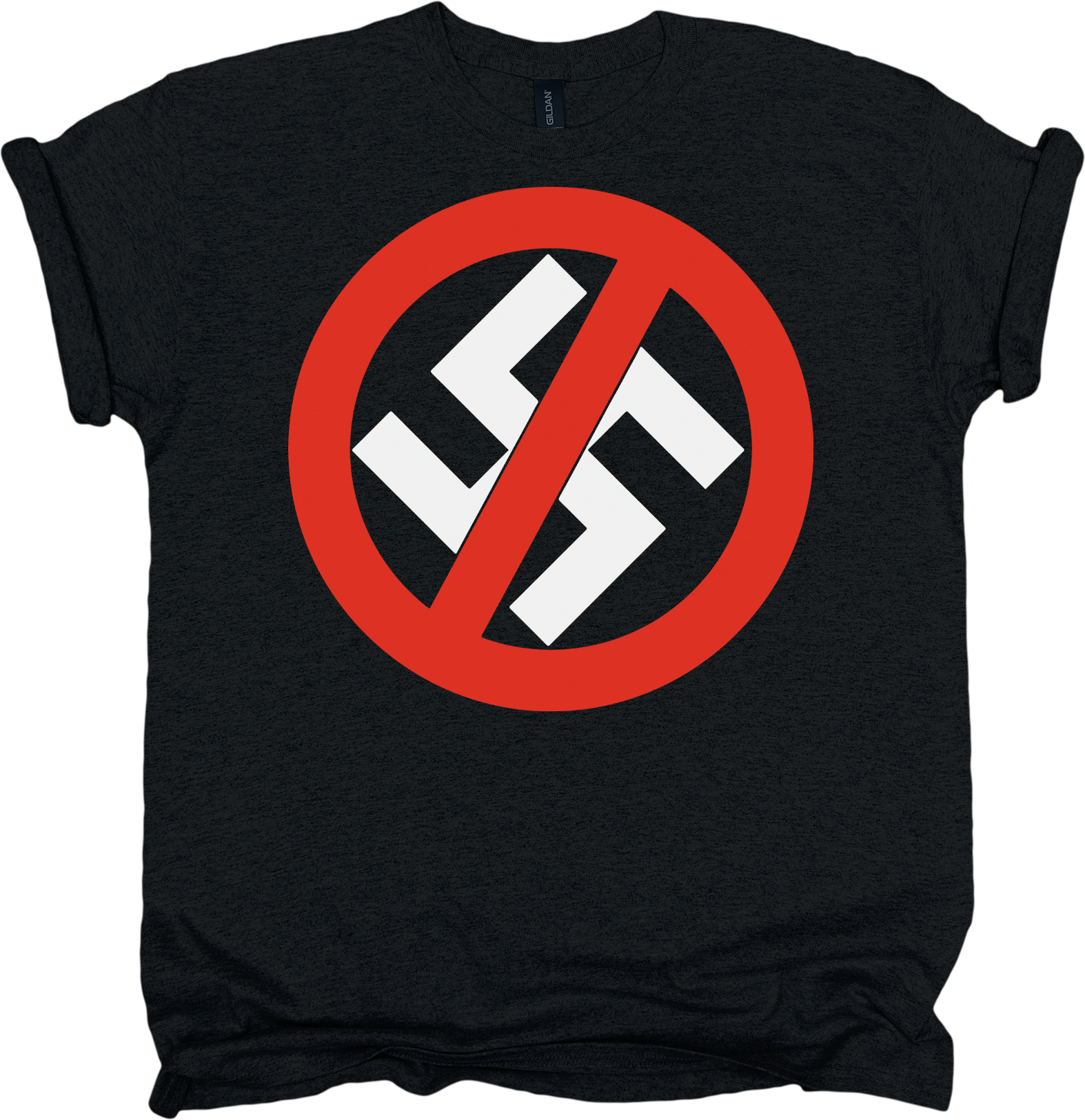 Black t-shirt with a design featuring a crossed out swastika symbol 