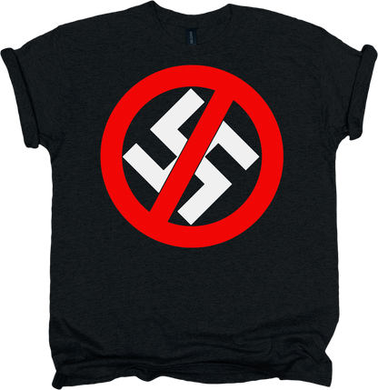 Black t-shirt with a design featuring a crossed out swastika symbol 