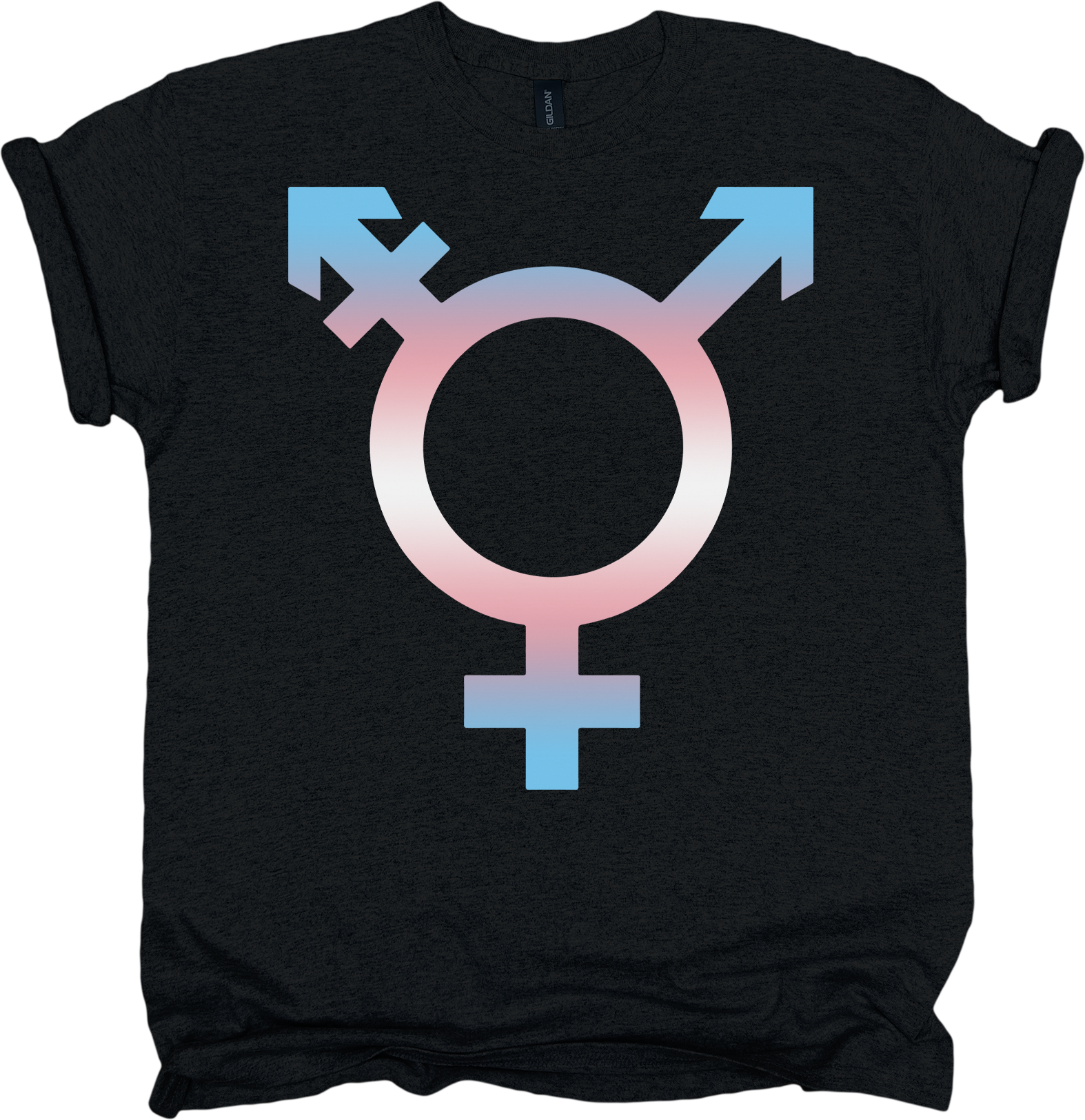 Black t-shirt with a trans symbol in trans pride colours design 