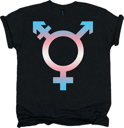 Black t-shirt with a trans symbol in trans pride colours design 