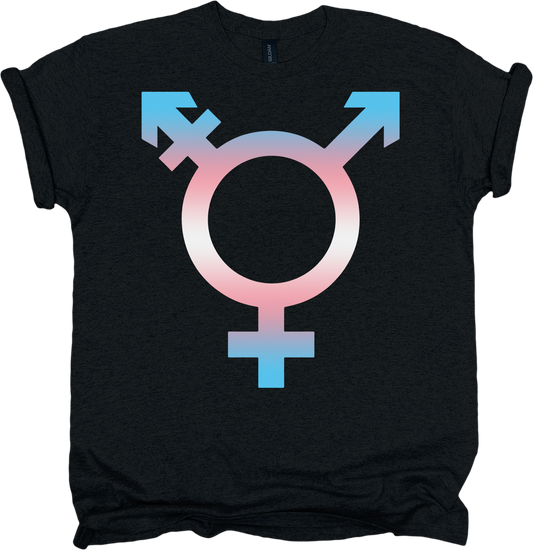 Black t-shirt with a trans symbol in trans pride colours design 