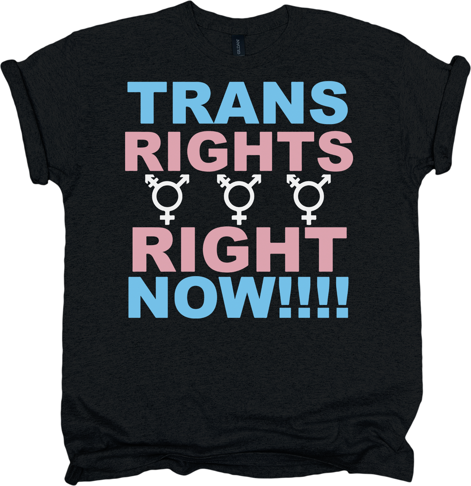 Black t-shirt with 'TRANS RIGHTS RIGHT NOW!!!' text and transgender symbols