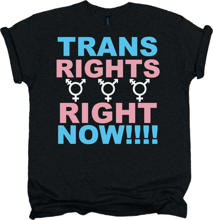 Black t-shirt with 'TRANS RIGHTS RIGHT NOW!!!' text and transgender symbols