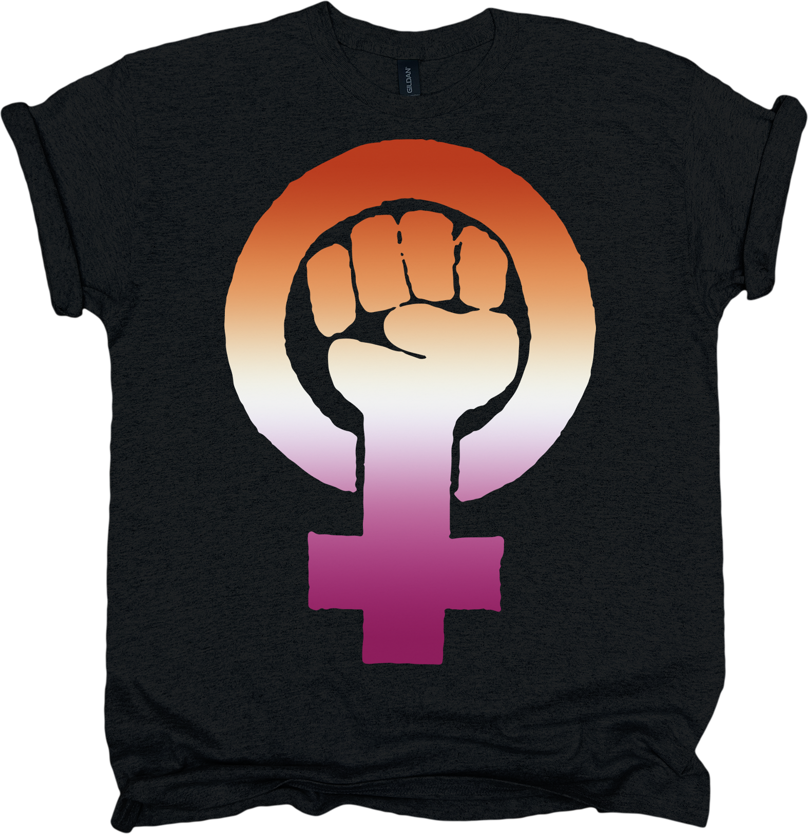 Black t-shirt with a feminist fist design in the lesbian pride colours 