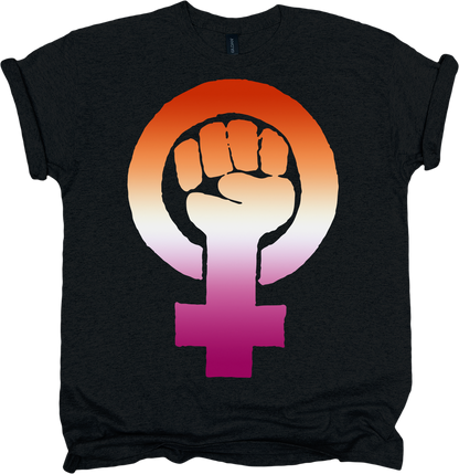 Black t-shirt with a feminist fist design in the lesbian pride colours 