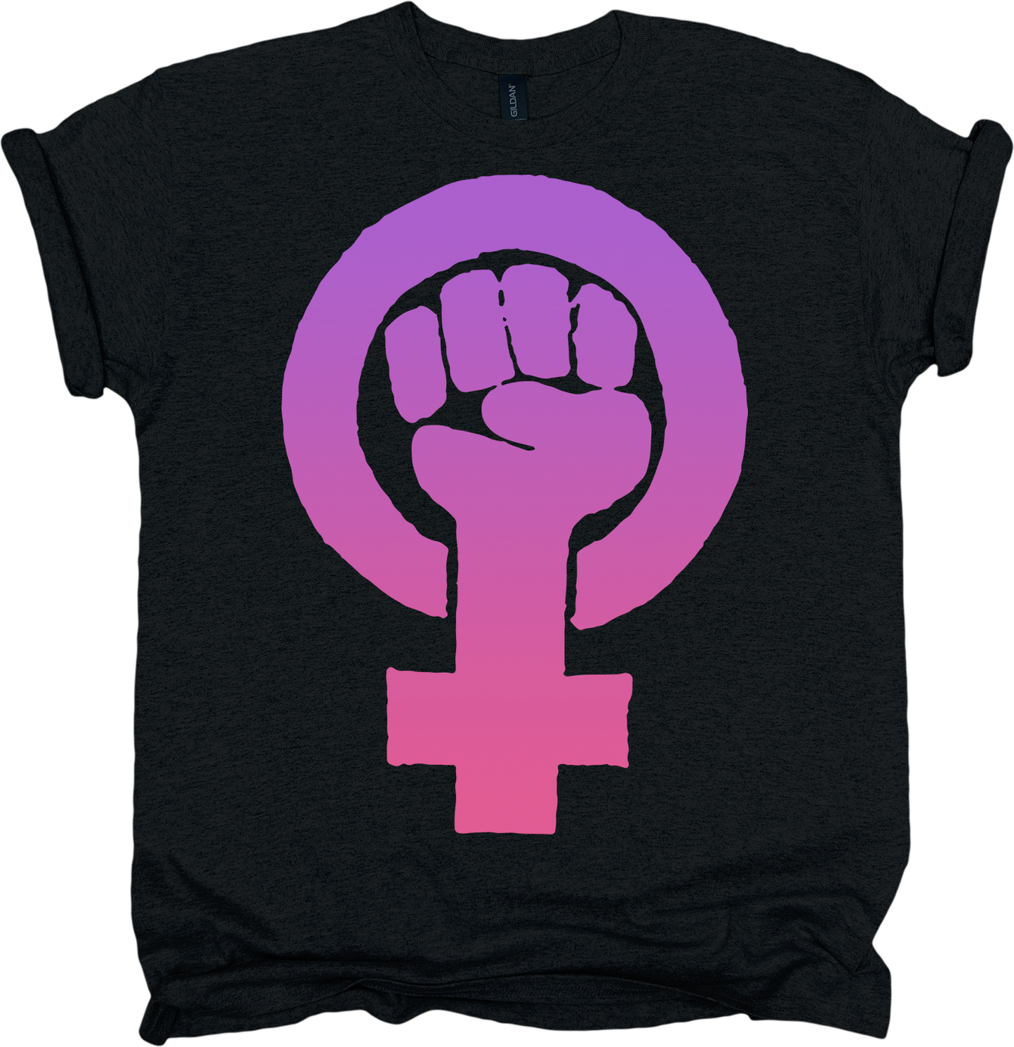 Black t-shirt with a pink and purple feminist fist symbol 