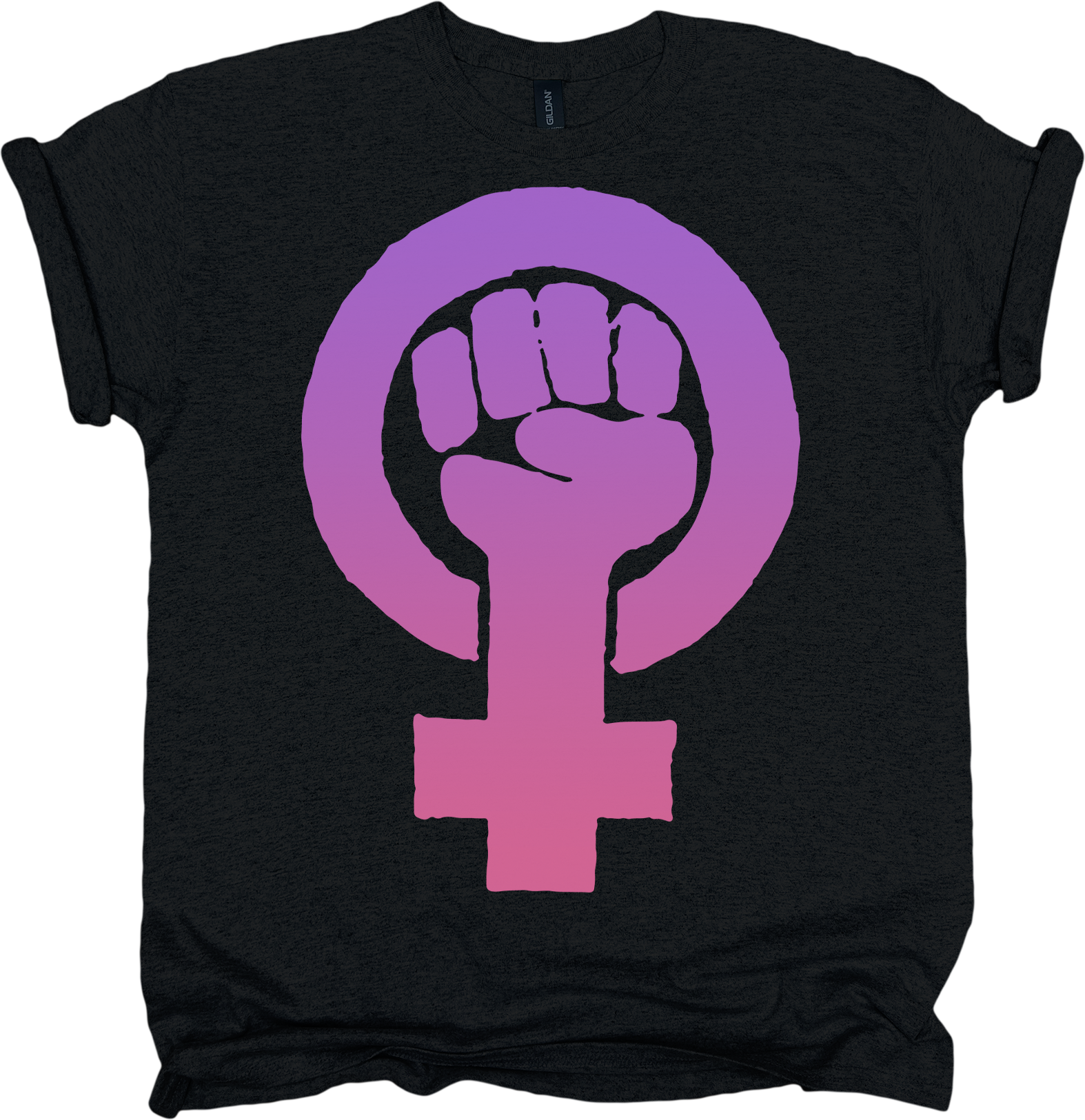 Black t-shirt with a pink and purple feminist fist symbol 