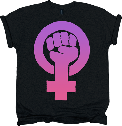 Black t-shirt with a pink and purple feminist fist symbol 