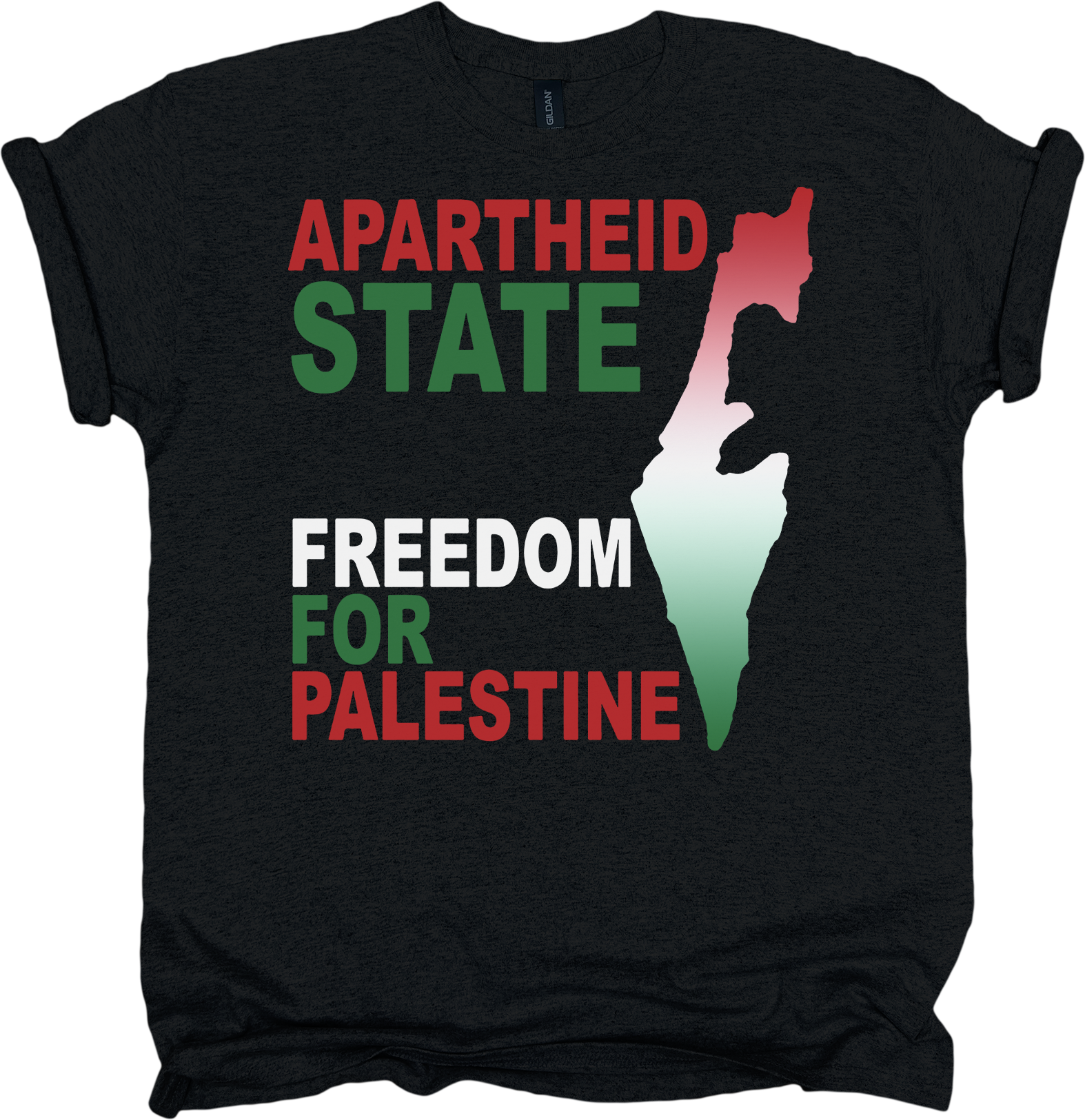 Black t-shirt with 'Apartheid State' and 'Freedom for Palestine' text and a map silhouette.