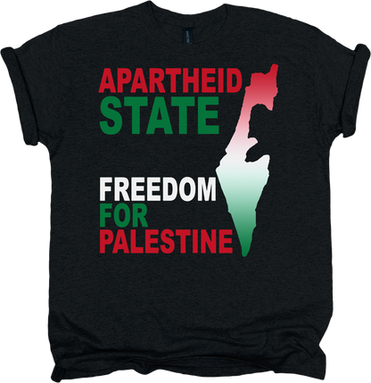 Black t-shirt with 'Apartheid State' and 'Freedom for Palestine' text and a map silhouette.