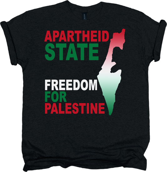 Black t-shirt with 'Apartheid State' and 'Freedom for Palestine' text and a map silhouette.