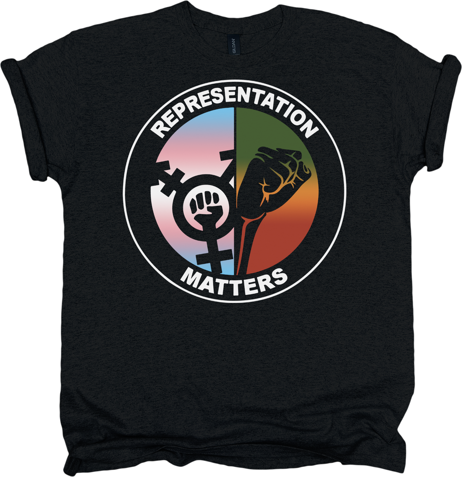Black t-shirt with 'Representation Matters' graphic design featuring a circle with intersecting symbols.