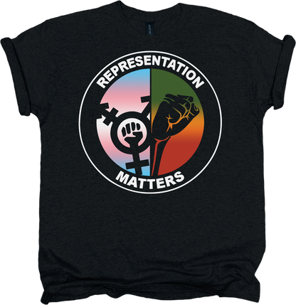 Black t-shirt with 'Representation Matters' graphic design featuring a circle with intersecting symbols.