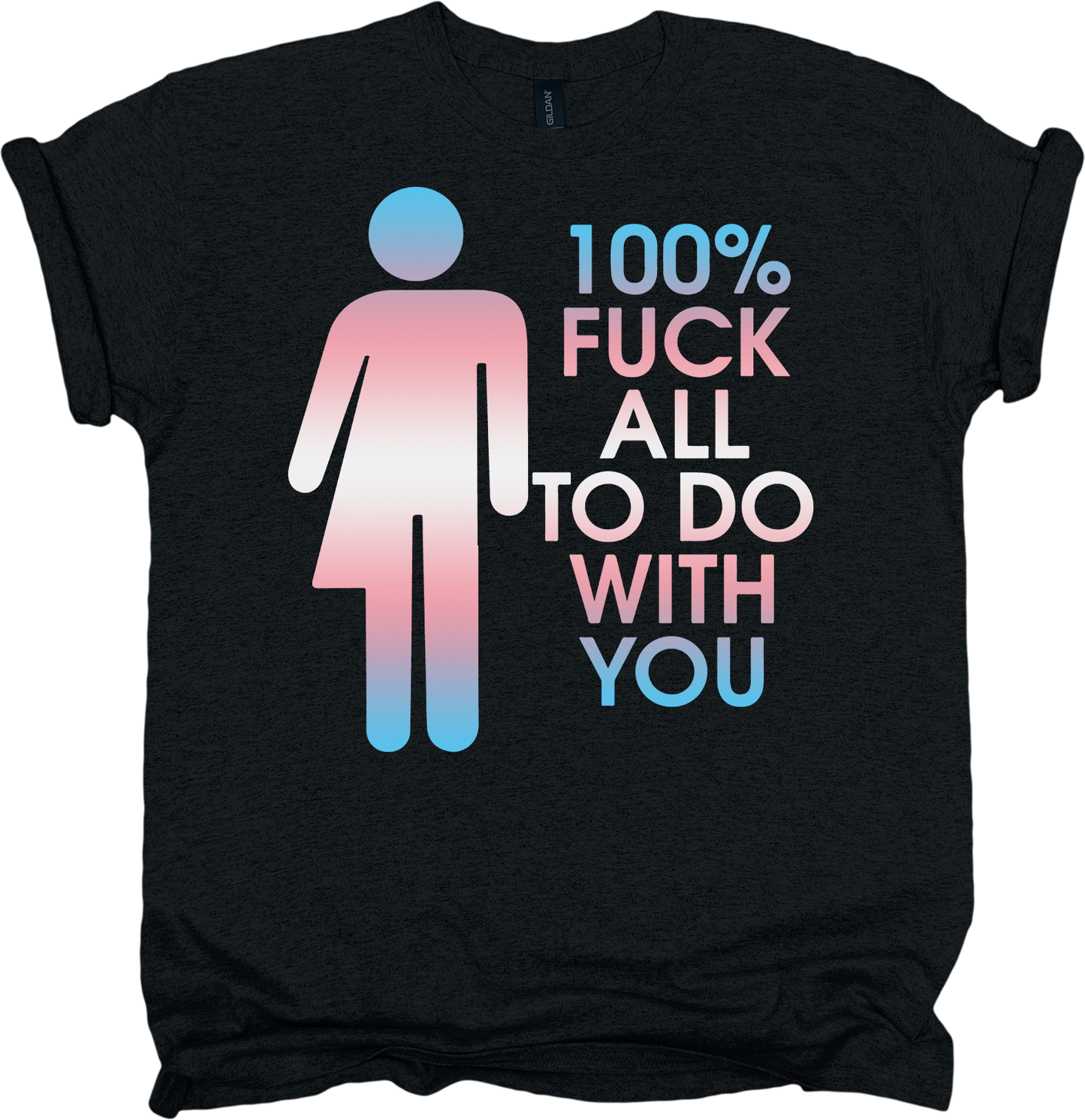 Black t-shirt with trans pride colour gradient with symbol and text 