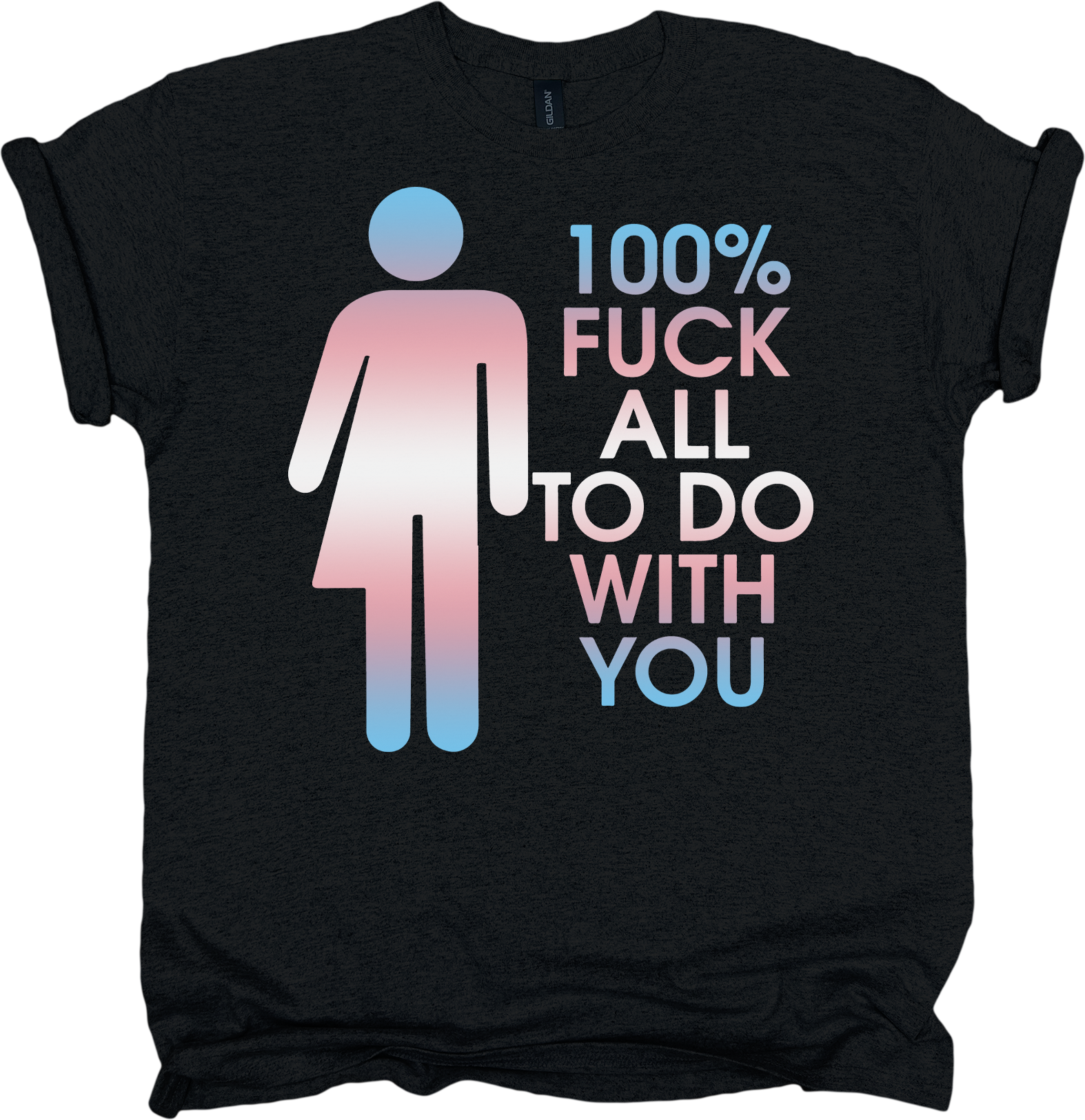 Black t-shirt with trans pride colour gradient with symbol and text 