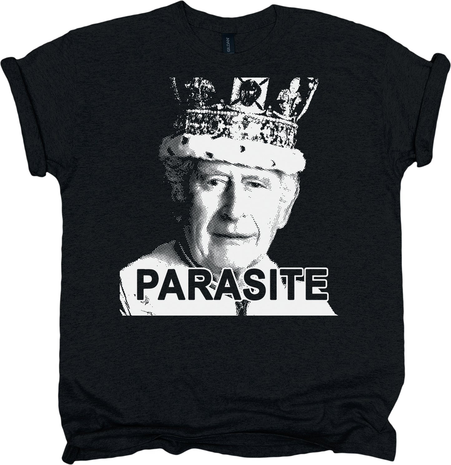 Black t-shirt with a graphic of king Charles wearing a crown and the word 'PARASITE' on a white background