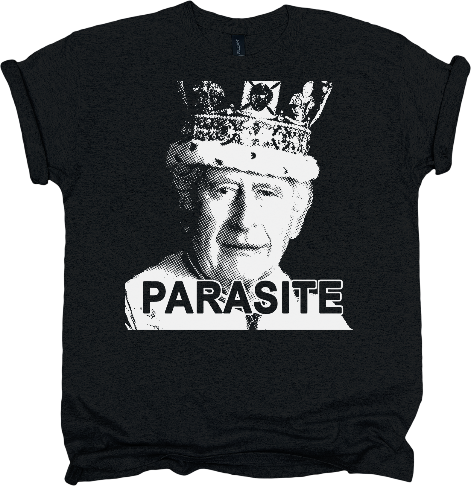 Black t-shirt with a graphic of king Charles wearing a crown and the word 'PARASITE' on a white background