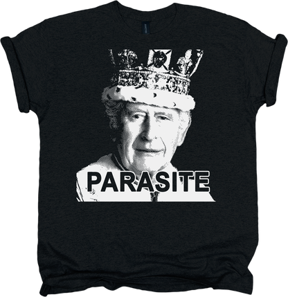 Black t-shirt with a graphic of king Charles wearing a crown and the word 'PARASITE' on a white background