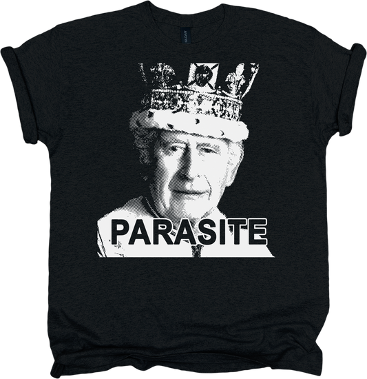 Black t-shirt with a graphic of king Charles wearing a crown and the word 'PARASITE' on a white background