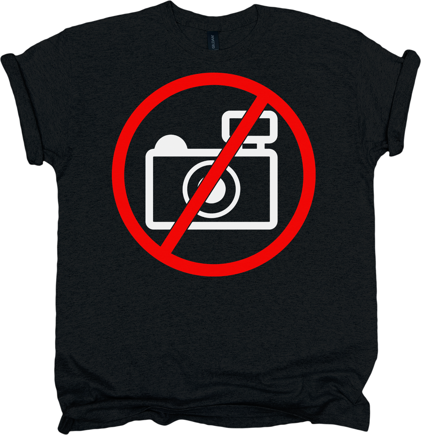 Black t-shirt with a red circle and line through a camera symbol 