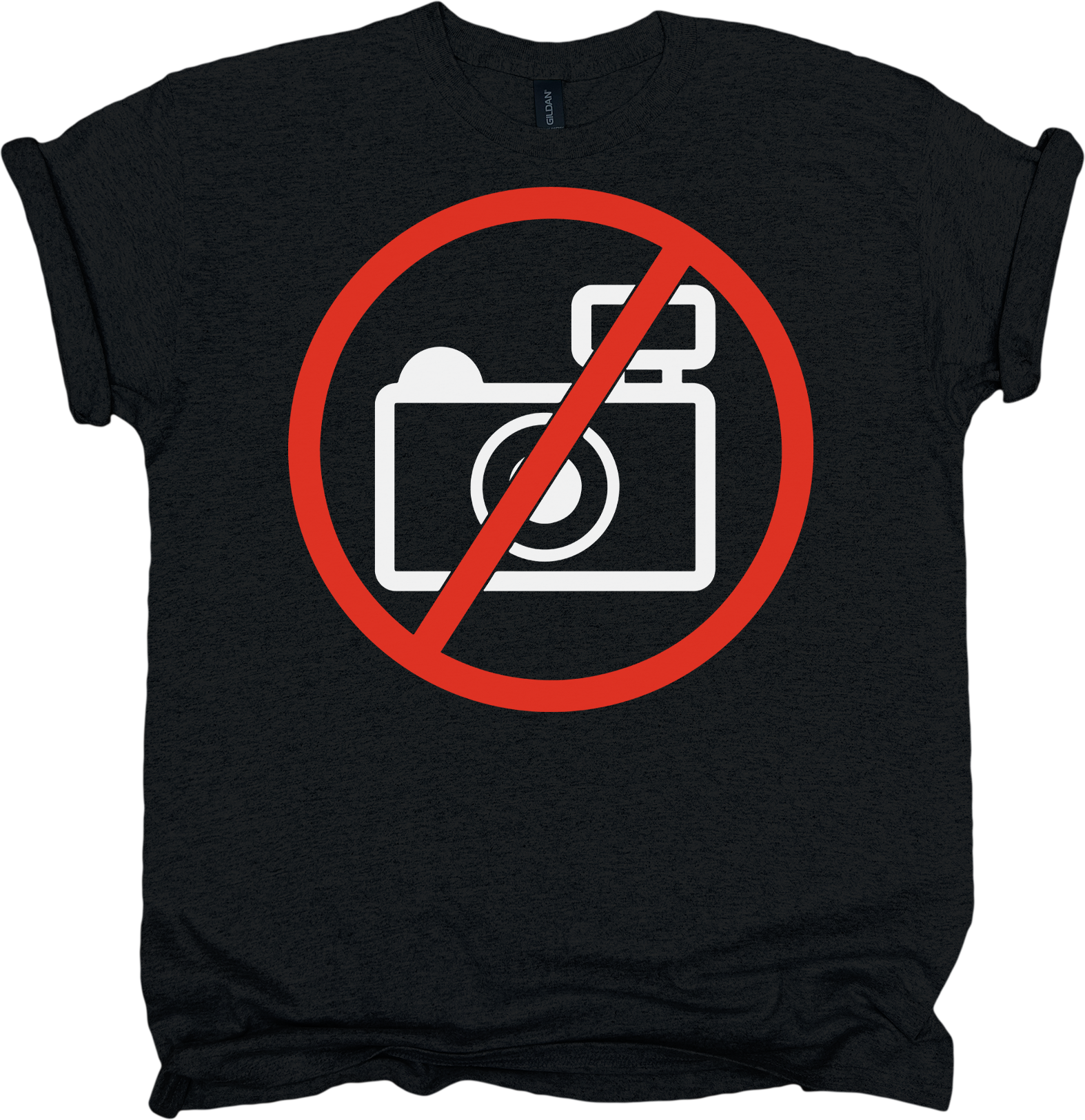 Black t-shirt with a red circle and line through a camera symbol 